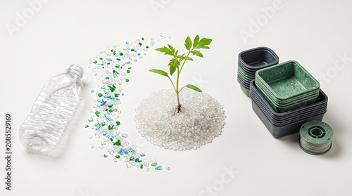 Concept of plastic recycling cycle showing a clear bottle shredded plastic flakes a green plant sprout and eco-friendly seedling pots