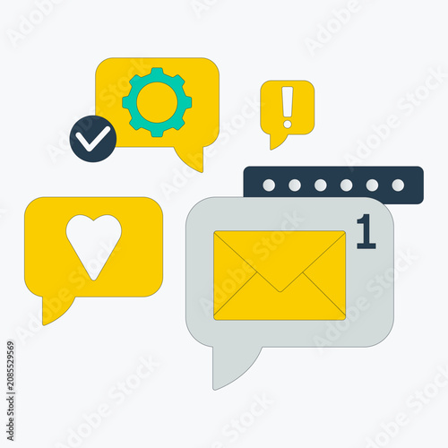 Modern productivity icons set with chat bubbles, email, like, checkmark and settings. Workflow and communication concept.