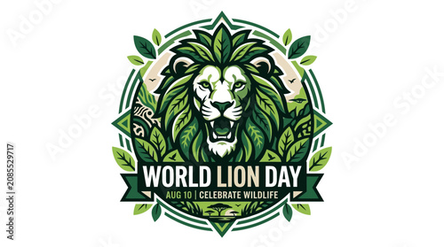 Canvas Print World Lion Day Illustration: Majestic Lion Head, Nature Elements, Wildlife Celeb