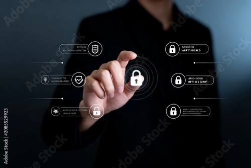 Businessman Interacting with Digital Security Icons