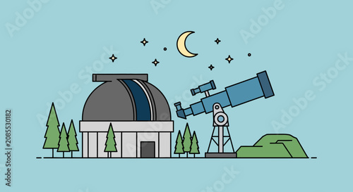 Flat vector illustration of an observatory with telescope under starry night sky