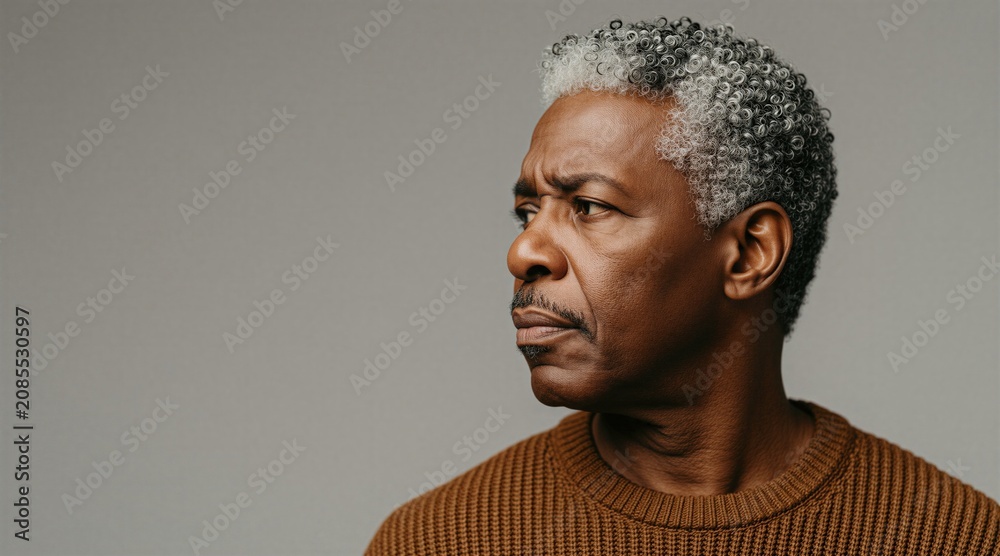 Obraz premium Serious black man with gray curly hair and mustache looks left. Mature african american male with brown eyes wears warm sweater. Thoughtful expression on his face shows wisdom and experience.