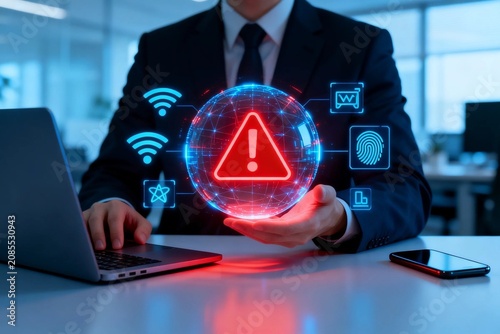 Businessman Holding Digital Security Alert Sphere