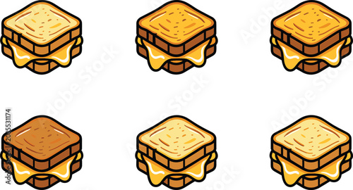 Canvas Print Grilled cheese vector illustration set featuring toasted sandwich slices with melting gooey cheddar pockets for comfort food cafe breakfast design