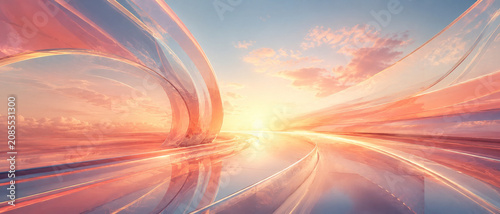 Horizon futuriste aux arches de verre orangées