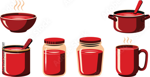 Photography Tomato soup vector illustration set with hot red cream bowls pots mugs and glass jars for cozy winter comfort food culinary design