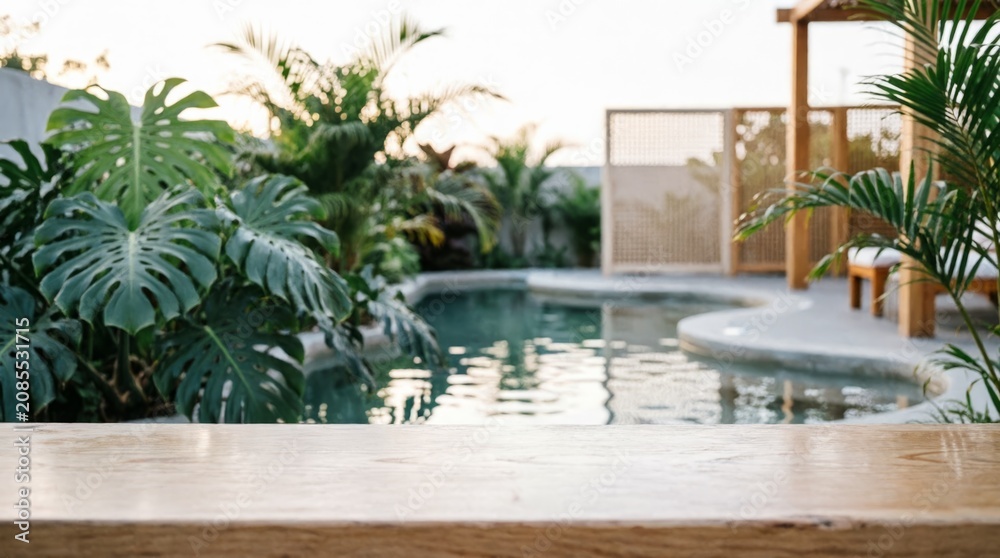 Fototapeta premium Tropical Poolside Scene with Wooden Table for Web Design
