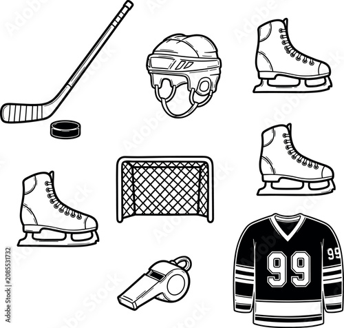 Photography Detailed black and white line art of ice hockey equipment icons featuring a helmet, stick, skates, and jersey on white background