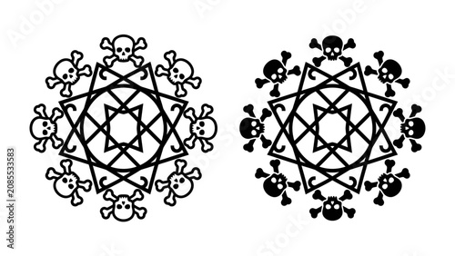 Schilderij op canvas Gothic Skull Mandala Designs: Two striking circular designs, one outlined and one filled, featuring intricate geometric patterns adorned with skull motifs, exuding a dark, mystic, or Halloween theme