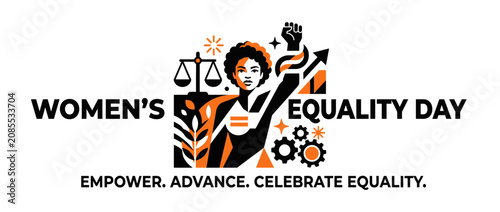 Women's Equality Day Graphic with Fist, Scales of Justice, and Growth Arrow
