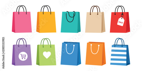 Colorful shopping bag icon collection in flat vector style isolated on white background. Perfect for e-commerce, online shopping, retail, marketing, sales, branding, and store applications.