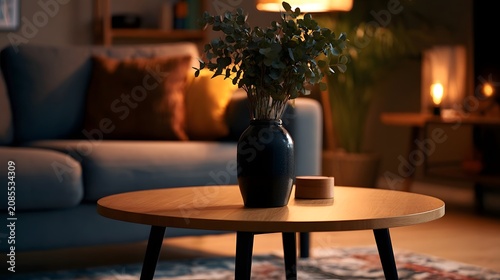 A dark vase holding greenery sits on a round wooden coffee table in front of a blue sofa under warm ambient lighting