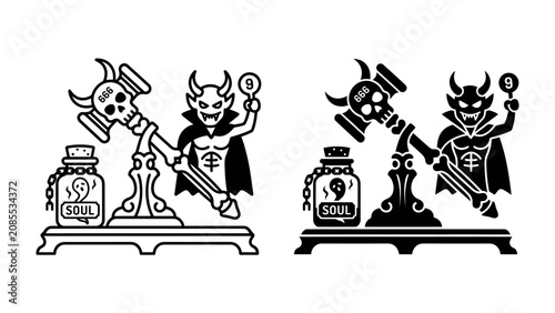 Fotografie Scales of Judgment: A devilish figure presides over scales, holding a coin and accompanied by a vial labeled 'Soul' and a gavel depicting a skull, symbolizing a dark bargain or moral reckoning