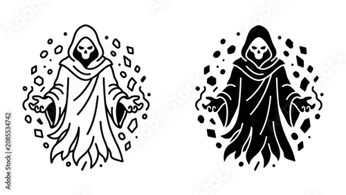 Canvastavla Grim Reaper Icon: Two stylized illustrations of the Grim Reaper, one in outline and one in silhouette, surrounded by scattered diamond-like shapes, representing the concept of death or Halloween