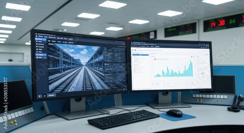 Dual computer monitors displaying data analytics and rail infrastructure simulation in a modern control room environment.