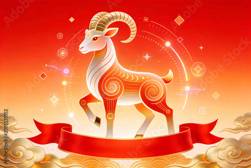 Glowing Wireframe Zodiac Sheep On Red Gradient Silk Cloud Background