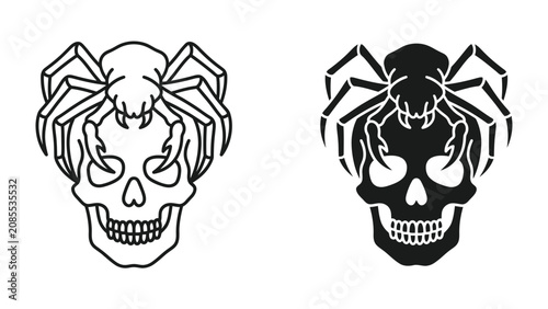 Bild auf Leinwand Scary Skull with Spider Silhouette: A striking image featuring a human skull adorned with a spider, presented in both a detailed line art and a bold silhouette