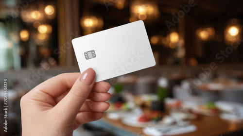 Hand holding a credit card in a restaurant with food on the table and warm lighting during evening hours