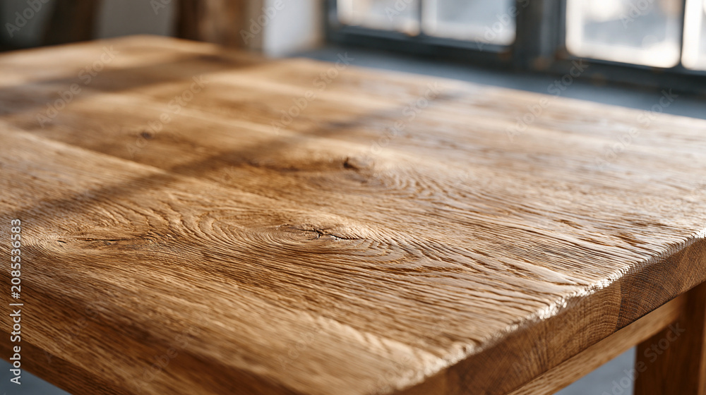 Fototapeta premium Wide-grain oak board surface with natural knot lines and smooth finish under warm afternoon sun streaming through rustic barn window, backdrop for artisan woodworking studio,