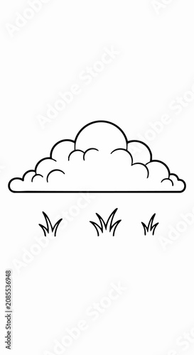 Black and white line art illustration of a fluffy cloud floating above small patches of grass.