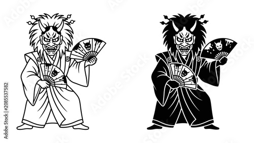 Fotografía Japanese Noh Mask Dancer Illustration: A striking depiction of a dancer in traditional Japanese attire, complete with a fierce Noh mask and a decorative fan
