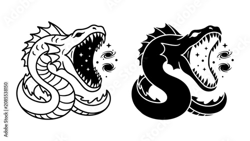 Obraz na plátně Dragon Head Illustration: Two stylized dragon heads, one outlined and one silhouette, facing forward with mouths agape, revealing swirling stars and eyes within
