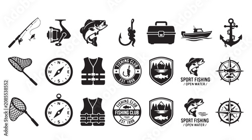 Fotografía Sport fishing icons, logo set, black and white, vector graphics, fishing symbols