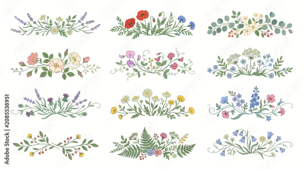 Fototapeta premium Professional set of twelve elegant floral divider concepts with colorful meadow flower motifs.