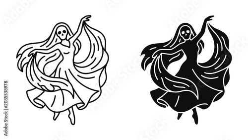 Foto Dancing Ghost Silhouette: Two artistic depictions, one in outline and one in solid black, showcase a graceful ghostly figure in a flowing gown, caught in mid-dance, with a skeletal face and long