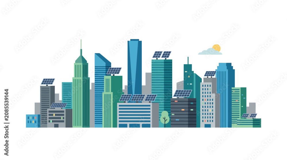 Fototapeta premium Eco-friendly city skyline with solar panels on buildings, sustainable urban future