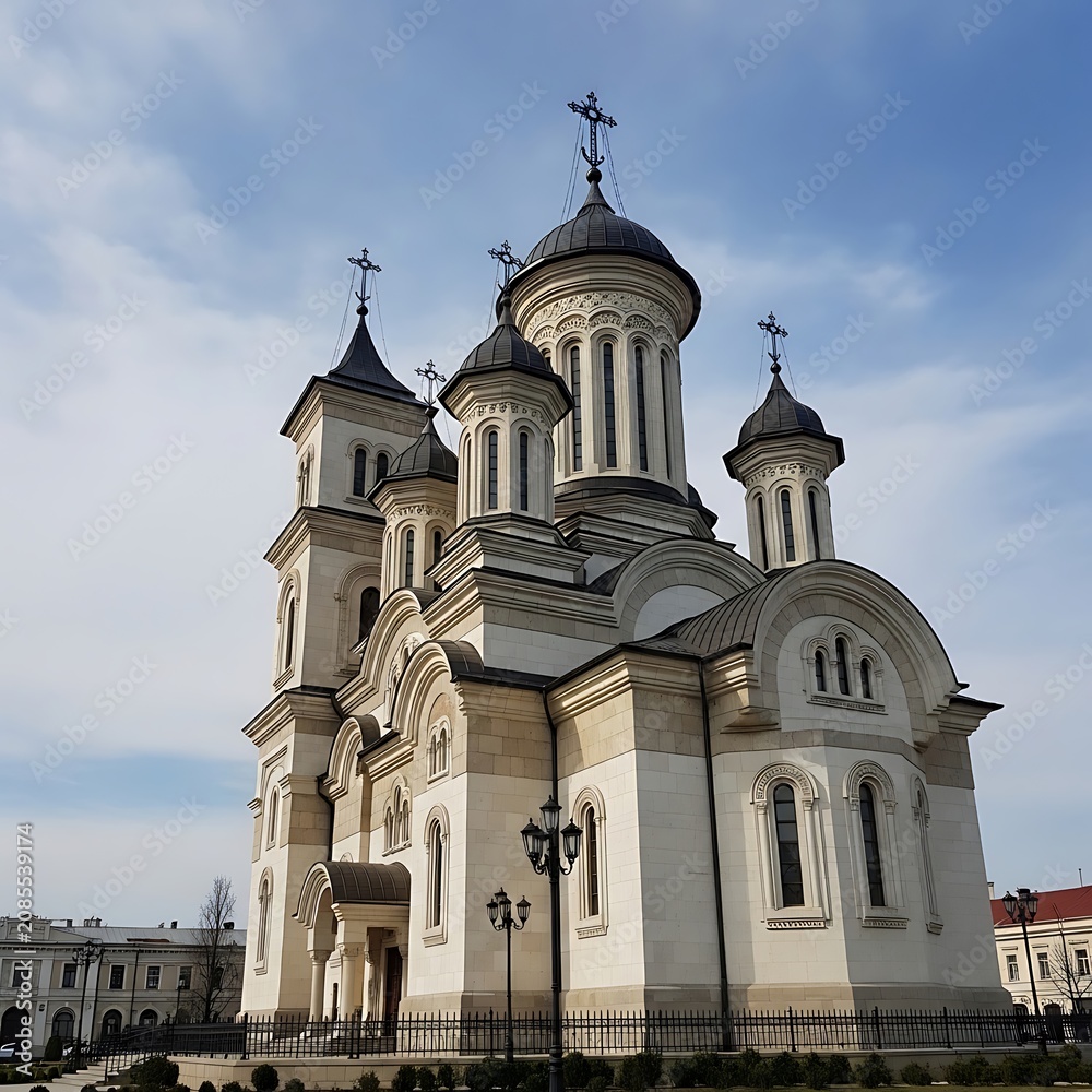 Obraz premium Ornate Orthodox Cathedral Standing Under Cloudy Blue Sky in Urban Square