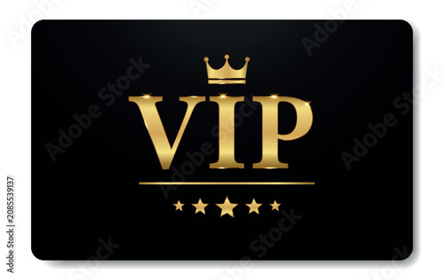 VIP card with gold letters, crown, 5 golden stars on black background. Vector EPS10	