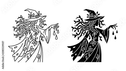 Bild auf Leinwand Mystical Nature Spirit Illustration: A stylized depiction of a female nature spirit or witch, adorned with leaves and branches, conjuring magical droplets in both line art and silhouette versions