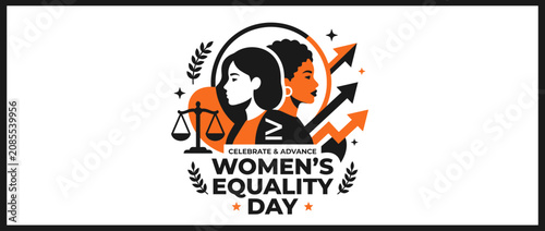 Women's Equality Day Graphic: Diverse Women, Justice Scales, Upward Arrows