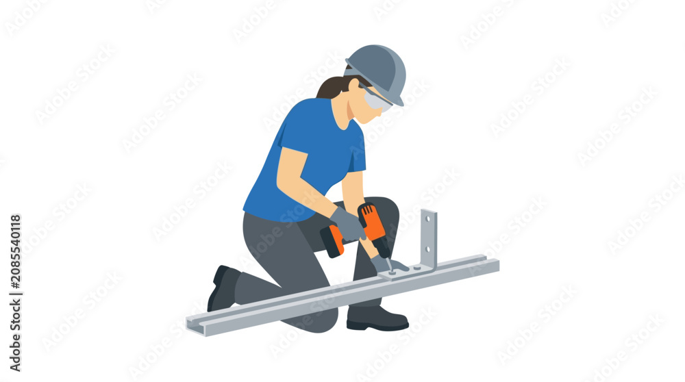 Fototapeta premium Woman construction worker using power drill on metal beam, industrial safety gear