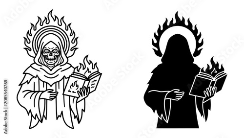 Foto Grim Reaper with Flaming Book: A skeletal figure cloaked in tattered robes holds an open book engulfed in flames, with a fiery halo above its head