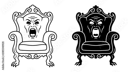 Konstfotografi Screaming Throne: A terrifying armchair depicted with a monstrous, screaming face, presented in both line art and silhouette versions, embodying horror and unease