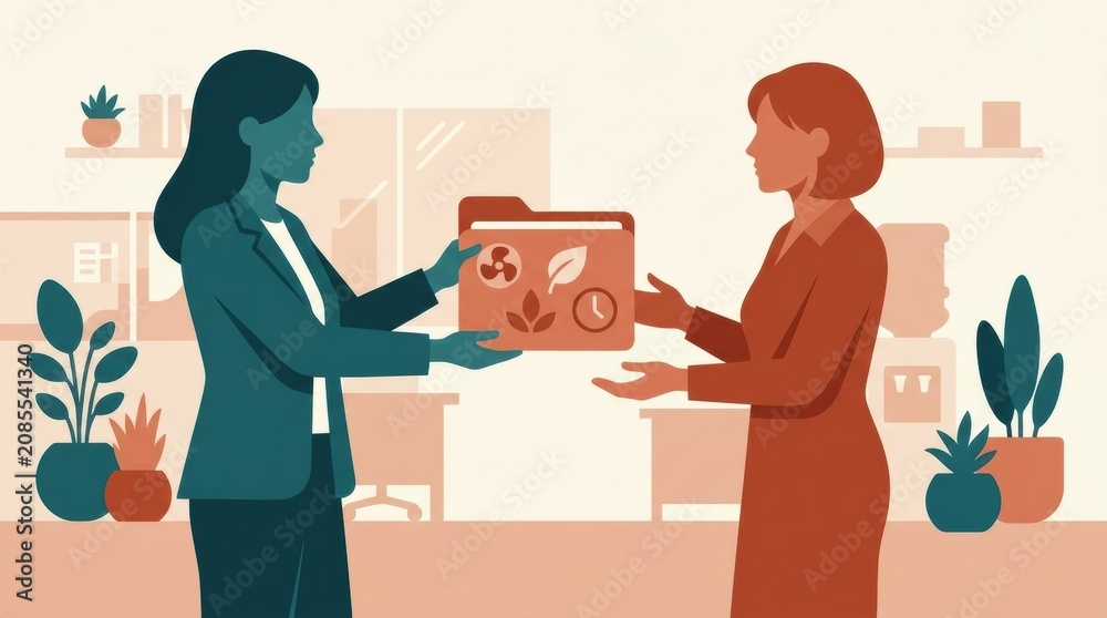 Obraz premium Two women are engaged in a discussion about menopause in an office environment, focusing on health and hormonal changes during midlife.