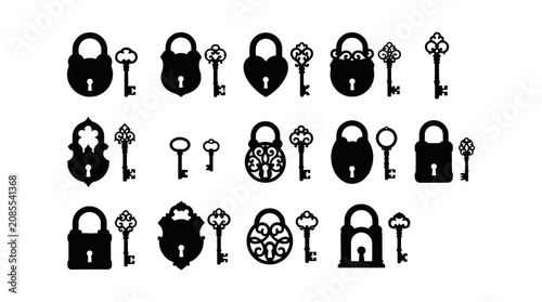 Locks and Keys Symbol Set with Ornate Designs for Security, Protection Concepts, and Decorative Access Icons