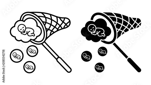 Tableau sur toile Nurturing Future Generations: A symbolic representation of capturing and nurturing new life, with a butterfly net holding a baby and several smaller representations of new beginnings
