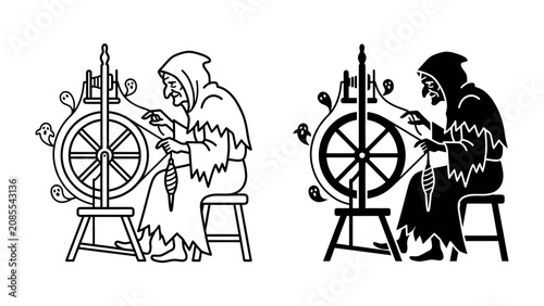 Fotografie Mysterious Weaver: An enigmatic figure in a hooded robe, representing the Grim Reaper or a witch, spins thread on an ancient spinning wheel, symbolizing fate and the passage of time