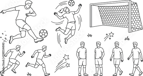 Soccer Football Training Line Icon Set with Players Kicking Ball Header Jump Running Strikers Net Goal and Team Standing Symbols