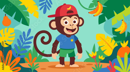 Photography A cartoon monkey in a colorful jungle.