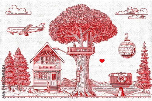 Red line of a whimsical scene with treehouse, airplane, camera, and house:keywords: red line