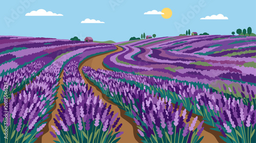 Quadro su tela A serene landscape of purple lavender fields.