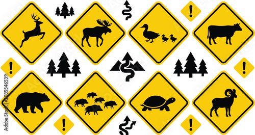 Wildlife Crossing Traffic Warning Sign Icon Set with Deer Moose Duck Cow Bear Wild Boar Turtle and Ram Caution Symbols
