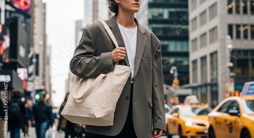 Mid-section shot of a stylish person walking on a busy New York city street with yellow cabs, wearing an oversized grey blazer, white t-shirt, and carrying a large white canvas bag