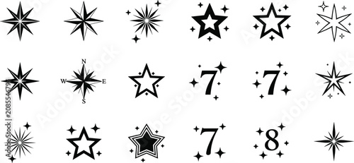 Black and white of various star shapes and compass symbols stars starburst star pattern