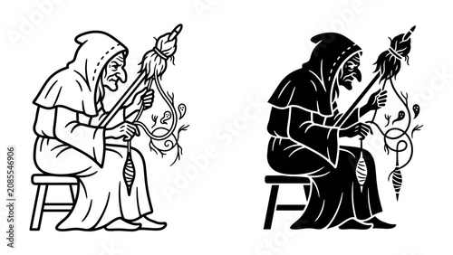 Bild auf Leinwand Sorceress Spinning Fate: A mystical depiction of a sorceress or witch, adorned in a hooded robe, intent on spinning yarn with a spindle, amidst intertwining vines