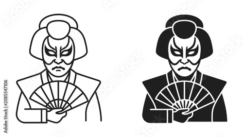 Tableau sur toile Kabuki Actor Icon: A stylized illustration of a Kabuki actor in full traditional costume and makeup, holding a fan, presented in both outline and silhouette forms